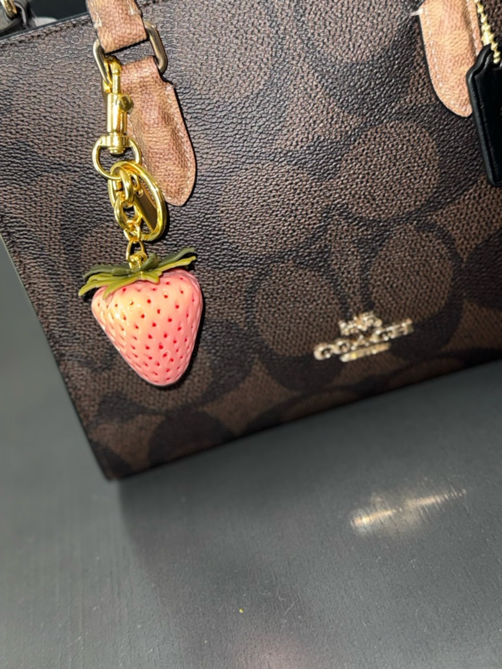 Strawberry Charm Key & Bag Pendant in Pink with Gold Hardware